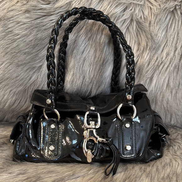 Francesco Biasia Glossy Black Shoulder Bag with Braided Handles